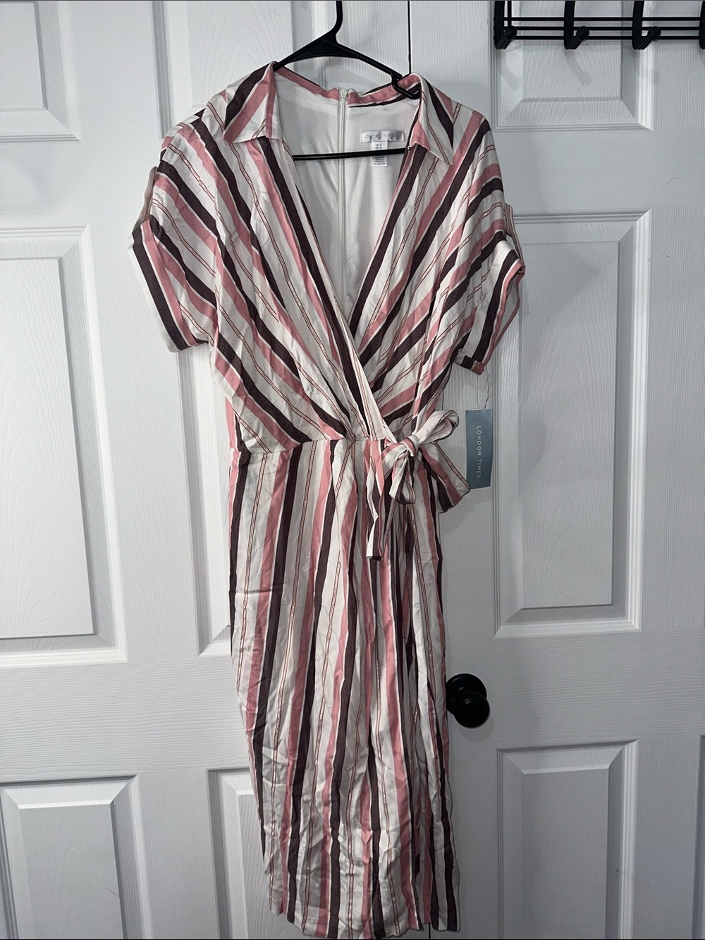 London Times Pink, White & Brown Striped Wrap Midi Dress